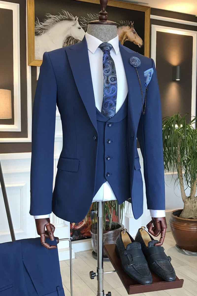 Dark Blue Three Pieces Peaked Lapel Derby Business Suit for Men