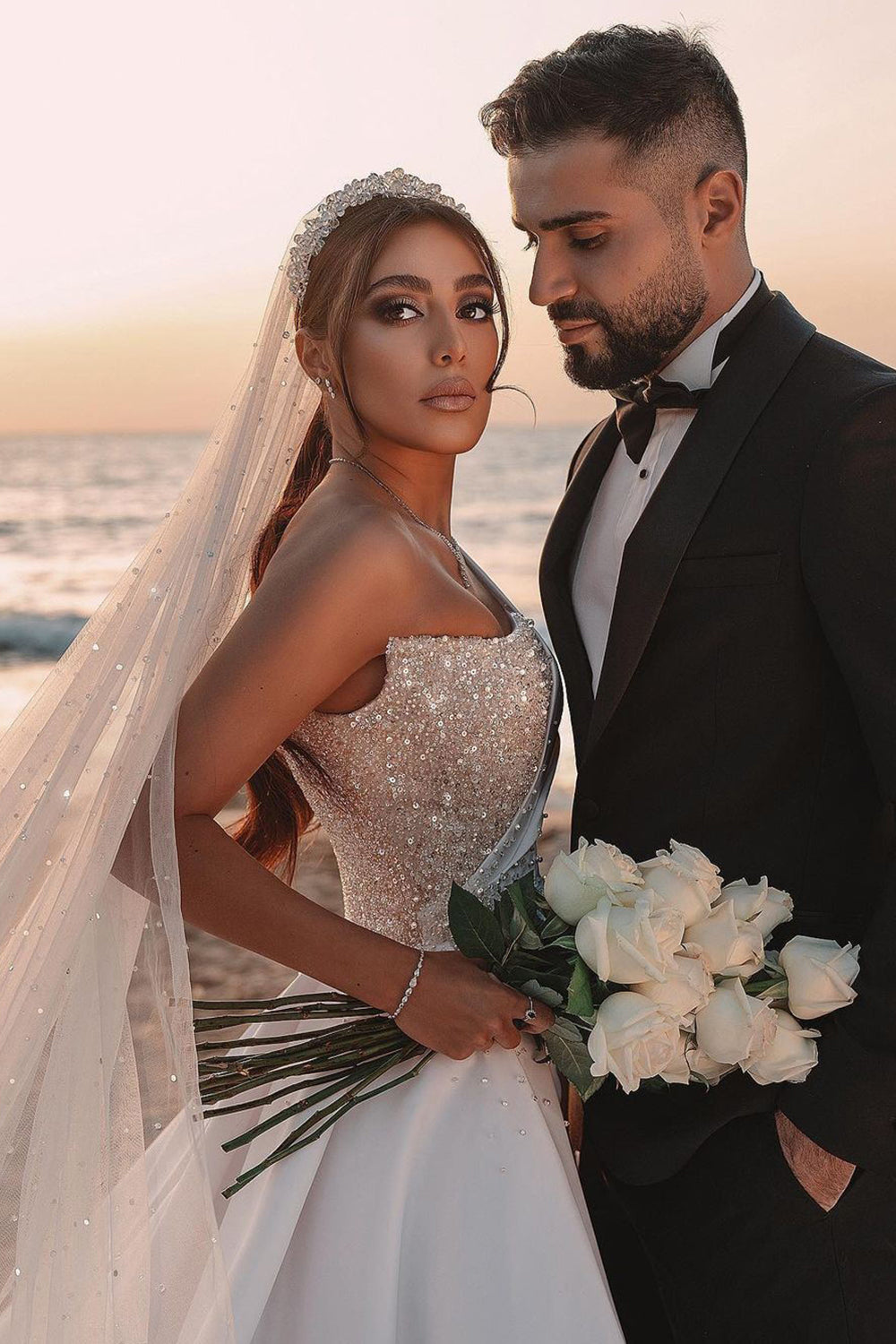 One Shoulder A-line Wedding Dress with Sequins and Long Sleeves