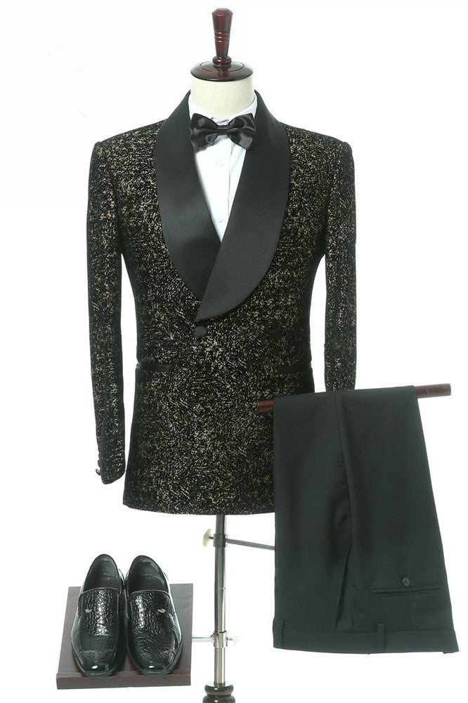 Elegant Black Slim Fit Double Breasted Wedding Tuxedo with Shawl Lapel