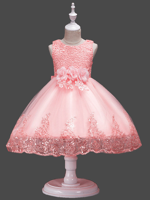 Princess Midi Lace/Tulle Jewel Neck Dress for Wedding/Birthday with Petal/Lace/Embroidery