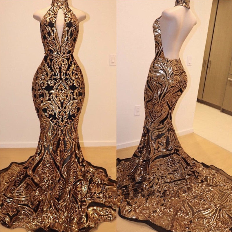 High Neck Halter Mermaid Prom Dress with Gold Appliques