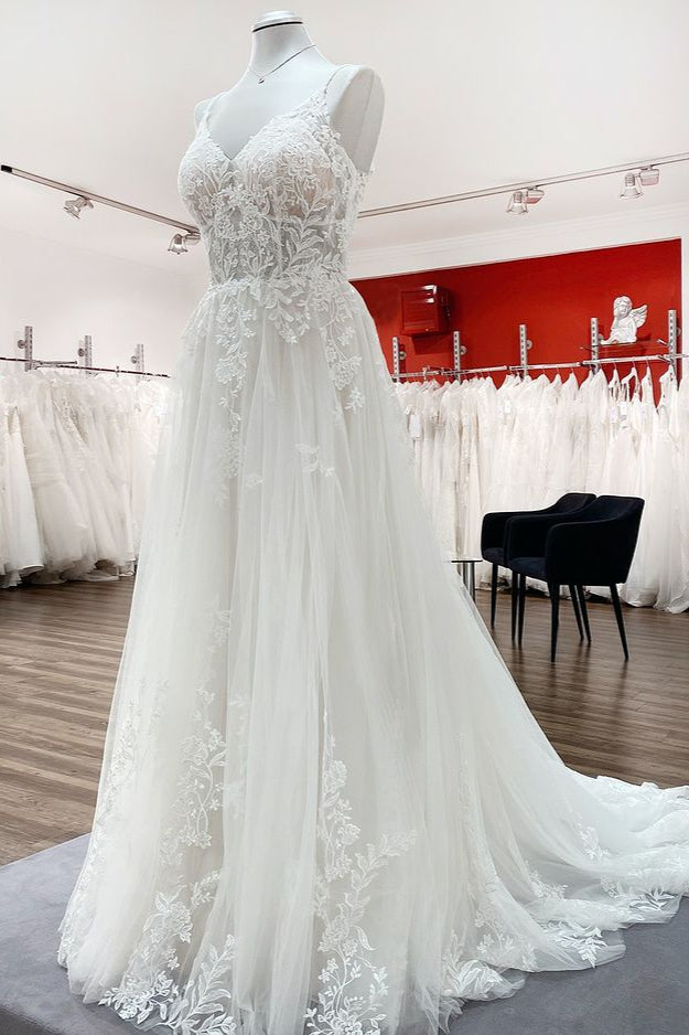 Elegant A-Line V-Neck Lace Wedding Dress With Tulle Spaghetti-Straps