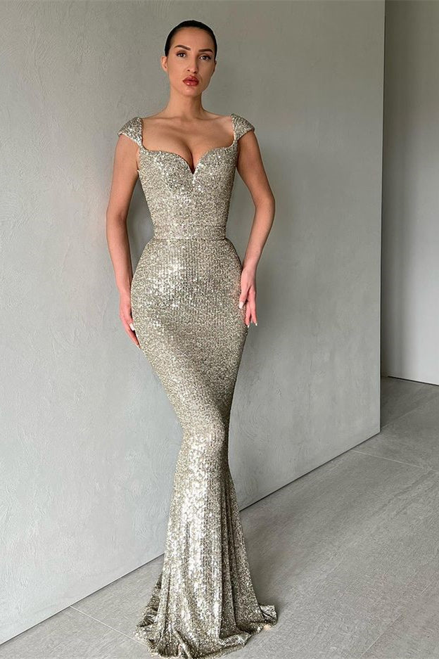 Cap Sleeves Long Mermaid Sequins Prom Dress