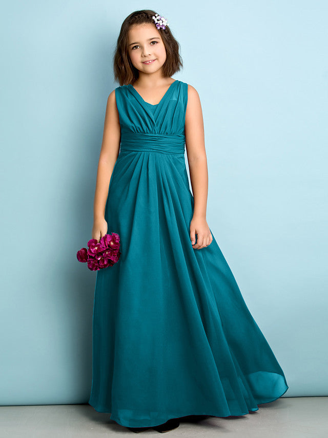 A-Line V Neck Chiffon Flower Girl Dress - Floor Length With Criss Cross Natural Mini Me