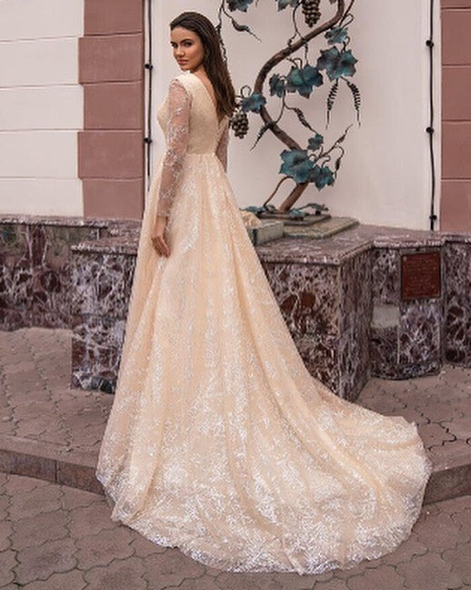 Glamorous A-line V-neck Wedding Dress with Long Sleeves and Glitter Detail