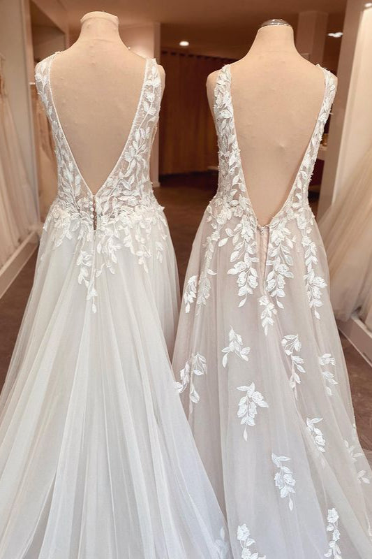 A-Line Sweetheart Open Back Ruffles Wedding Dress with Appliques Lace