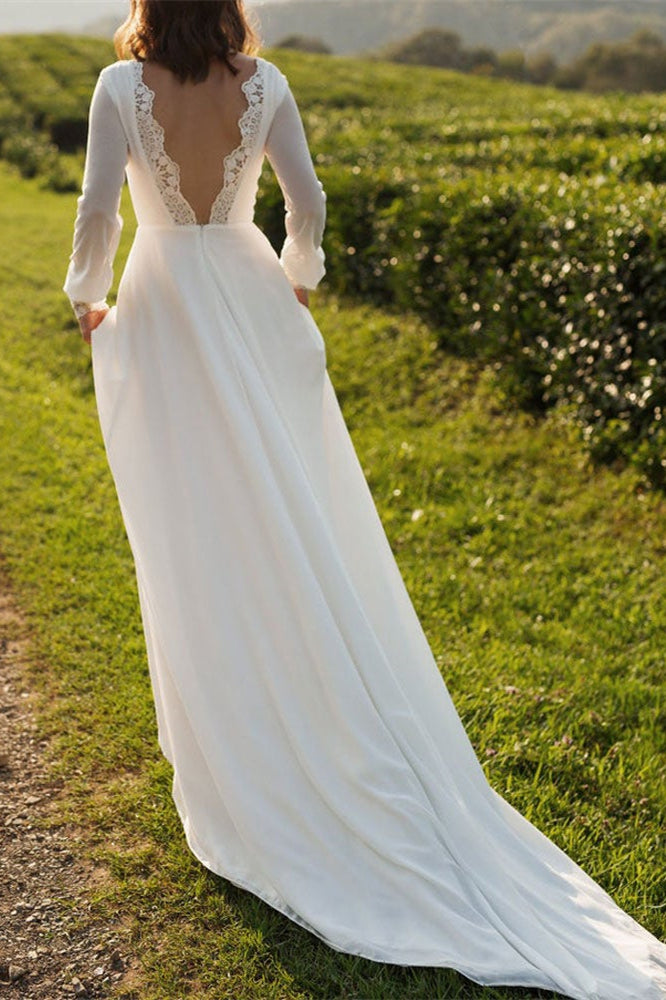 Backless Chiffon Wedding Dress with Long Sleeves