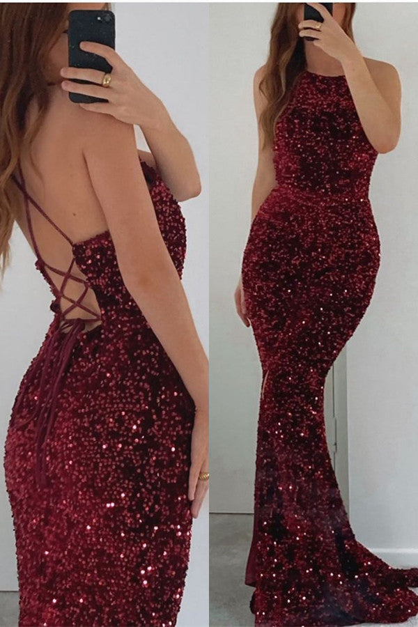Elegant Burgundy Mermaid Prom Dress with Sequins