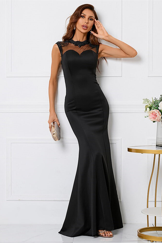 Beaded High Collar Mermaid Sleeveless Evening Dress - Black