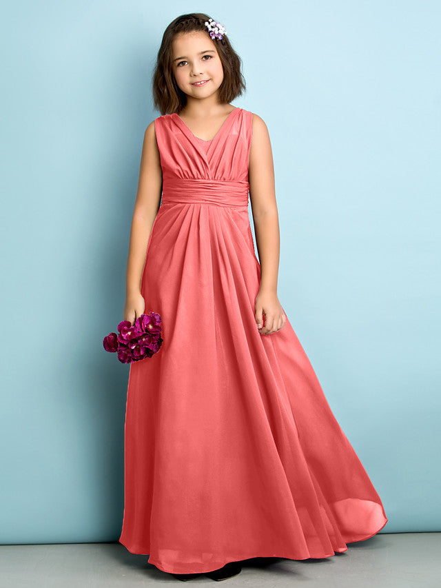 A-Line V Neck Chiffon Flower Girl Dress - Floor Length With Criss Cross Natural Mini Me