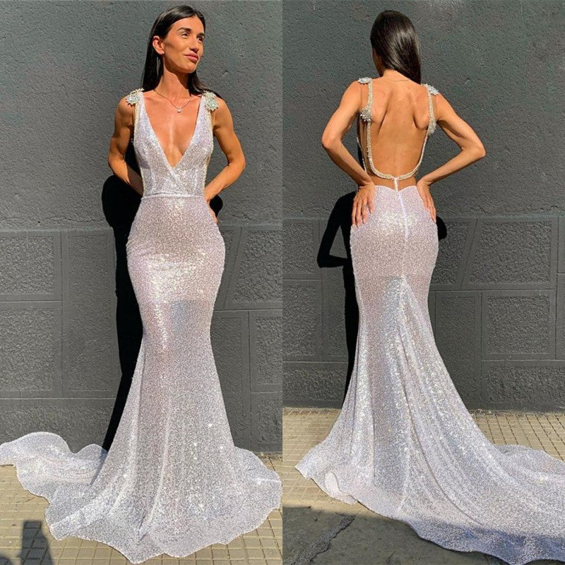 Deep V-Neck Mermaid Prom Dress with Open Back and Sequins