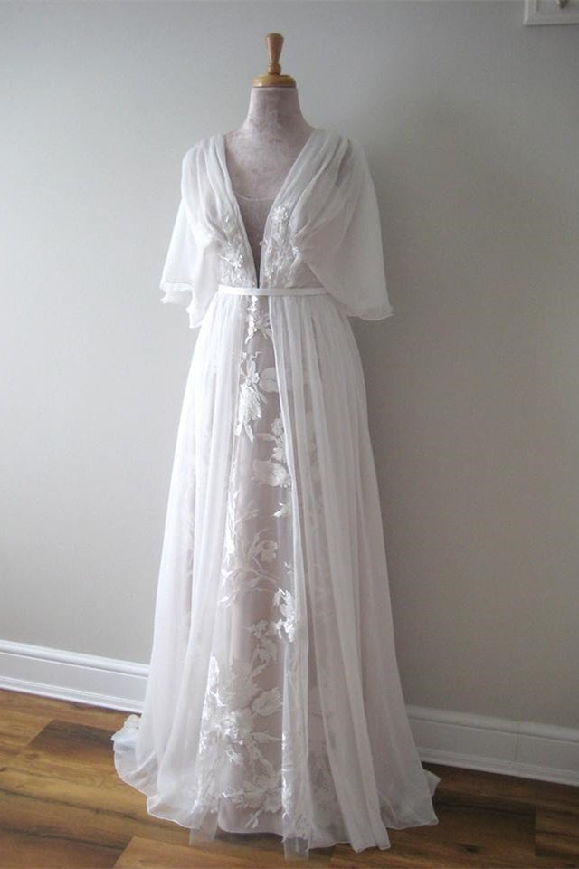 A Line Chiffon Lace Boho V Neck Wedding Dress With Belt