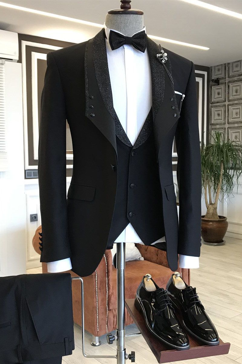 All Black Shawl Lapel One Button Wedding Suit for Grooms Felix 3-pieces