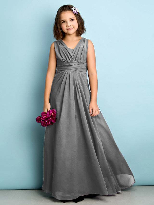 A-Line V Neck Chiffon Flower Girl Dress - Floor Length With Criss Cross Natural Mini Me
