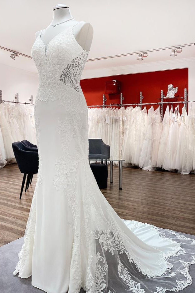 Elegant Long Mermaid Wedding Dress with Lace Satin Spaghetti Straps & Open Back
