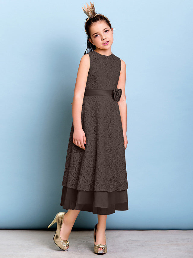 A-Line Jewel Neck Tea Length Floral Lace Junior Bridesmaid Dress with Sash & Accessories