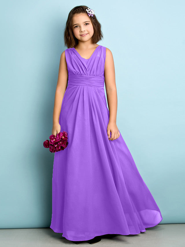 A-Line V Neck Chiffon Flower Girl Dress - Floor Length With Criss Cross Natural Mini Me