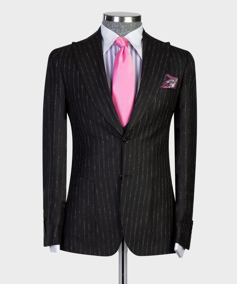 Ernest Modern Black Stripe 3-Pieces Men Suits with Peaked Lapel Slim Fit