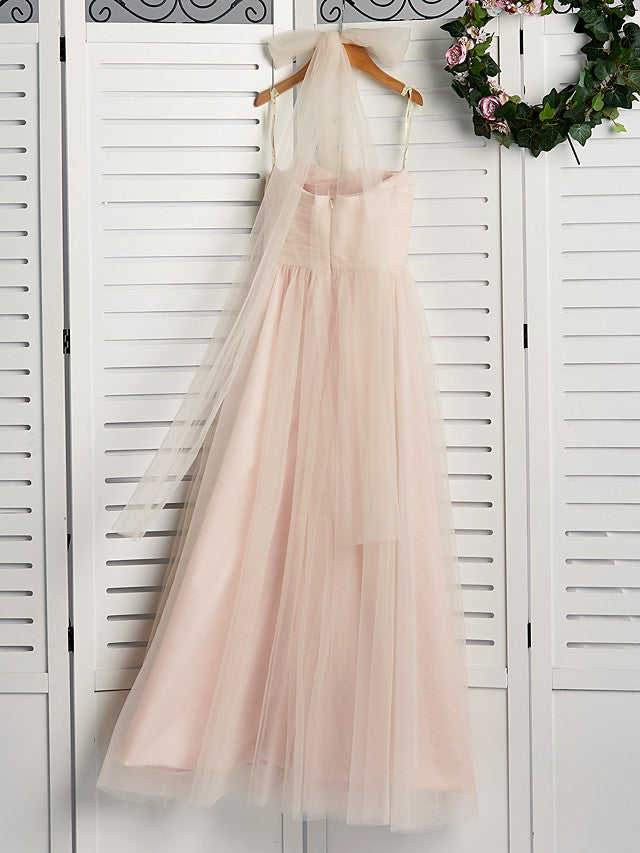 A-Line Halter Neck Floor Length Tulle Junior Bridesmaid Dress with Ruching