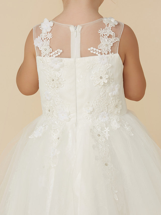 Gorgeous Lace Tulle Sleeveless Illusion Neck Flower Girl Dress With Beading Appliques