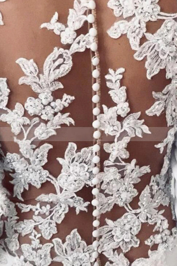 Simple Long Sleeve Illusion Lace Back Sheath Wedding Dress with Appliques