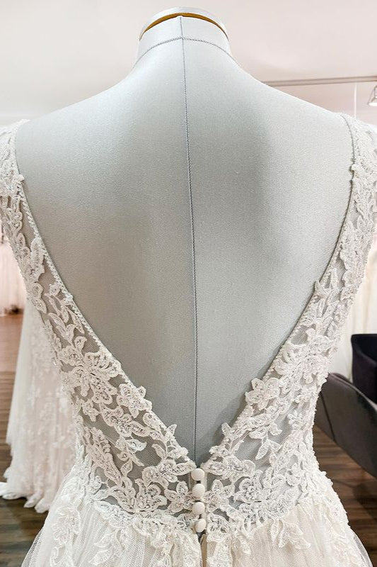 Modest Long A-Line V-Neck Tulle Ruffles Backless Wedding Dress With Lace
