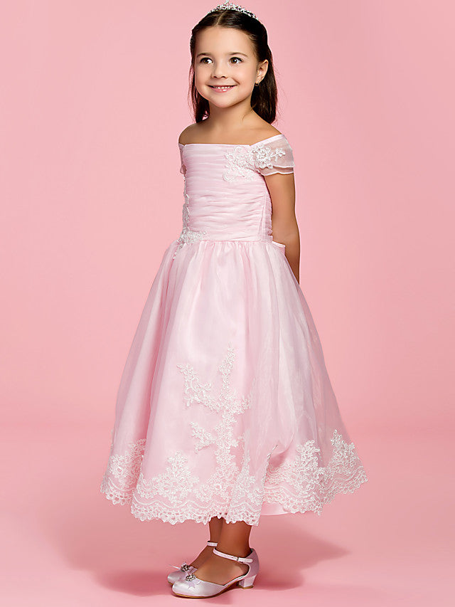 A-Line Ankle Length Organza First Communion Dress With Bow Ruched Appliques
