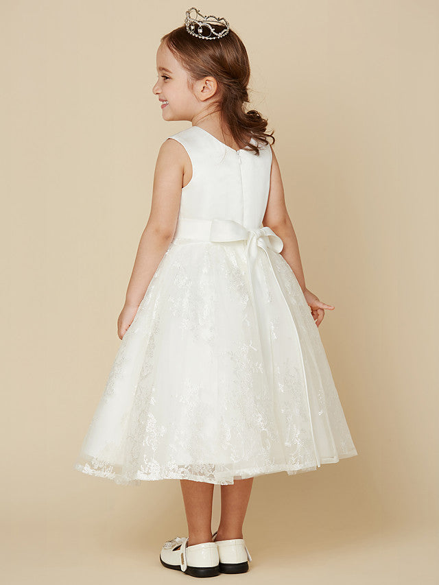 Princess Lace Satin Sleeveless Dress with Sash Bow for Flower Girls