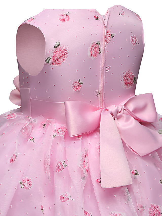 Princess Midi Wedding/Party Satin/Tulle Sleeveless Jewel Neck With Bow(s) Tier Pattern and Print