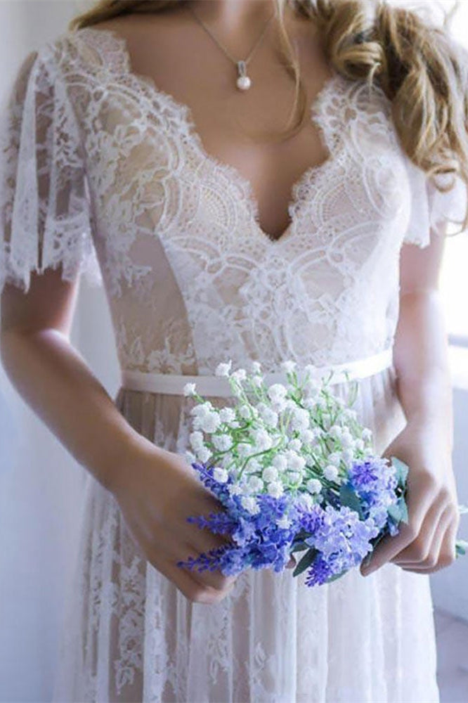 Lace Boho Short Sleeves Wedding Dress