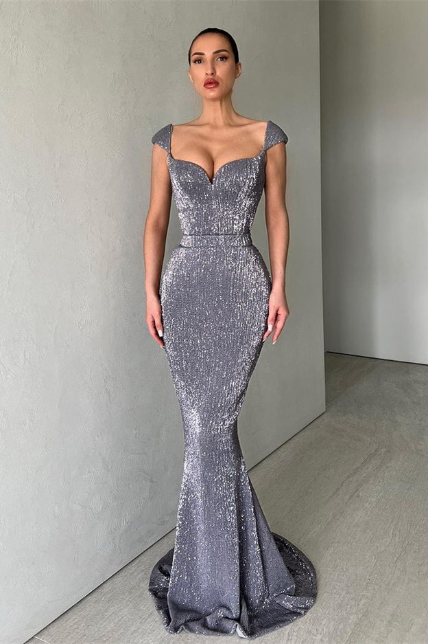 Cap Sleeves Long Mermaid Sequins Prom Dress
