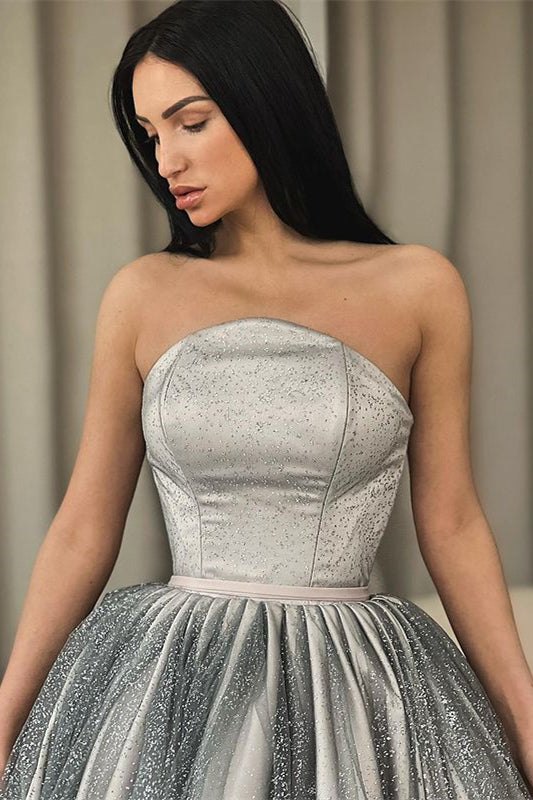 A-Line Strapless Silver Prom Dress with Sequins