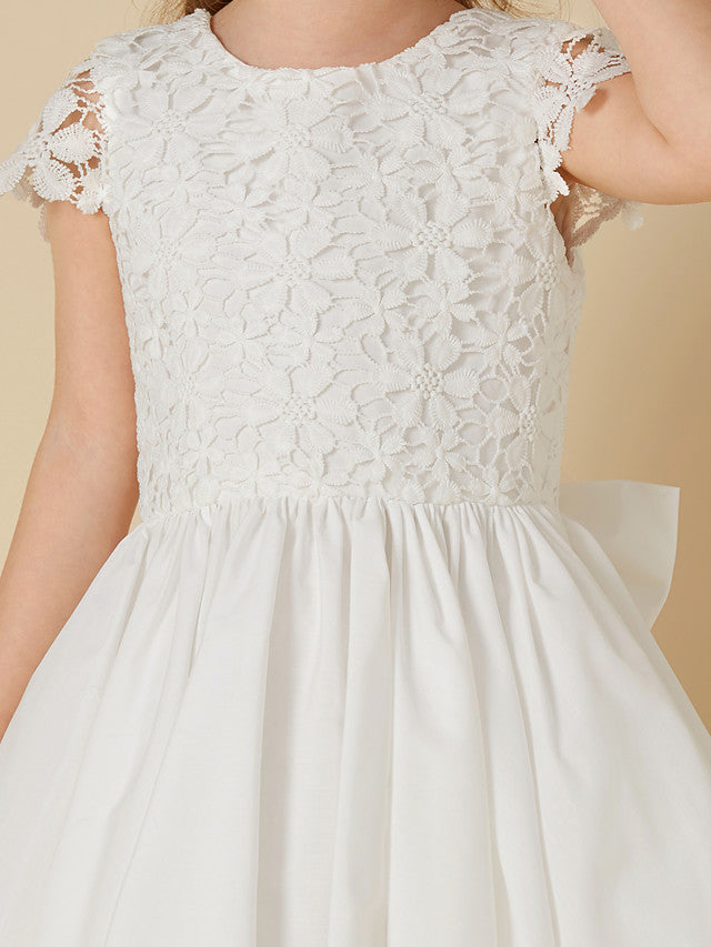Adorable A-Line Short Sleeve Dress for Girls in Lace Cotton with Bow