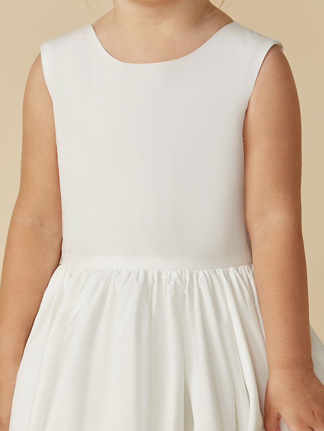 Sleeveless Jewel A-Line Tea Length Flower Girl Dress with Taffeta Sash and Pleats