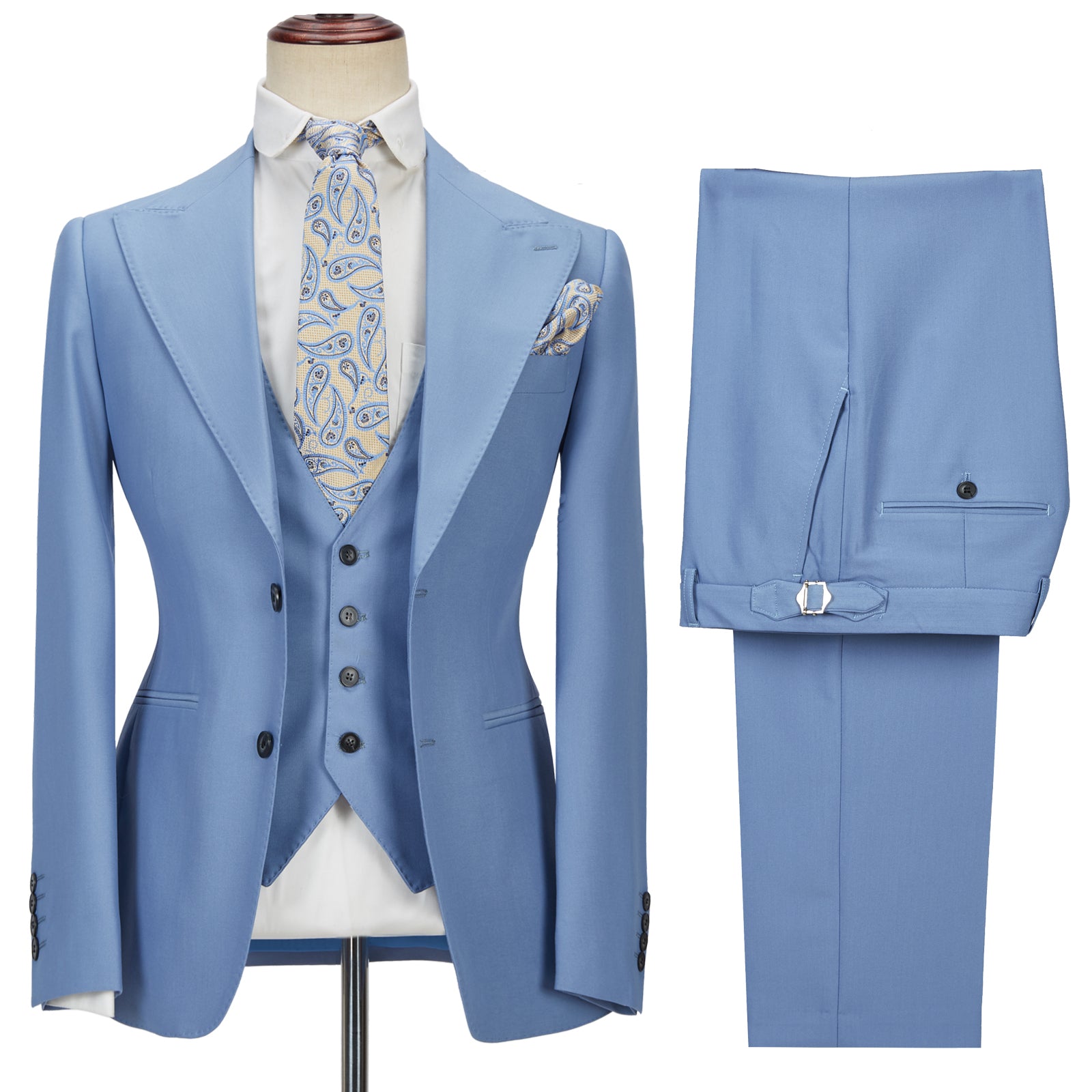 Gorgeous Blue Three Pieces Homecoming Suits with Peak Lapel Without Flap