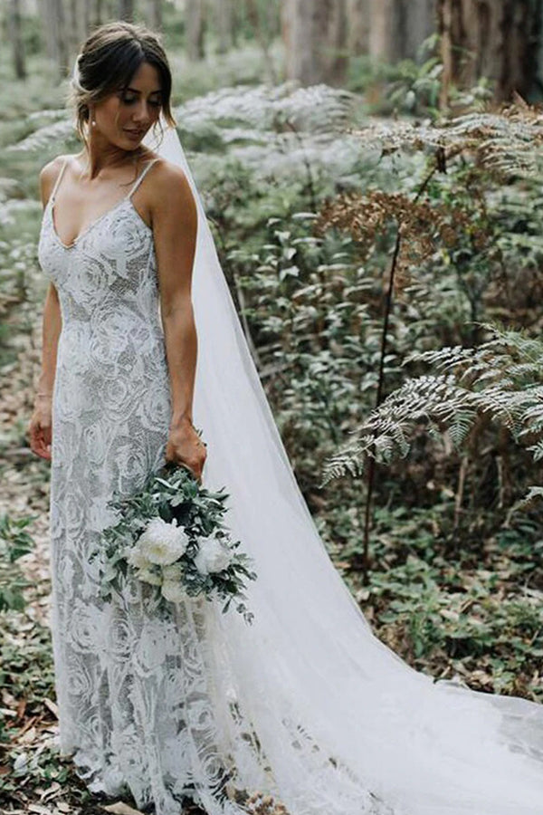 Charming A-line Wedding Dress with Lace Spaghetti Straps and Backless Design