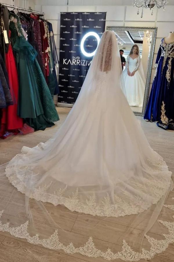 A-line V-neck Long Sleeve Lace Wedding Dress in Gorgeous White