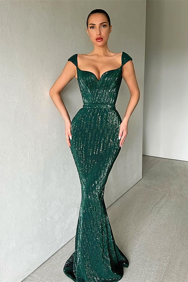 Cap Sleeves Long Mermaid Sequins Prom Dress