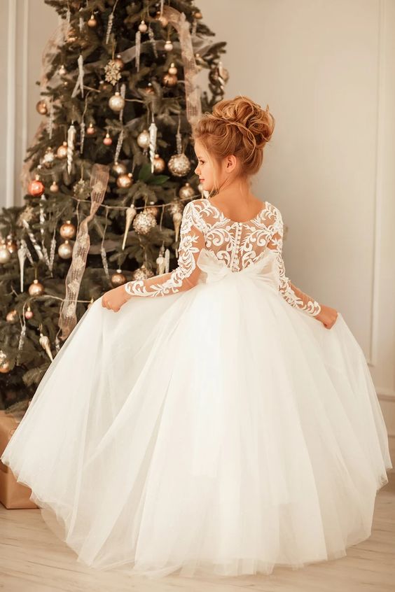 Princess Long Sleeves Dress with Tulle Lace and Appliques
