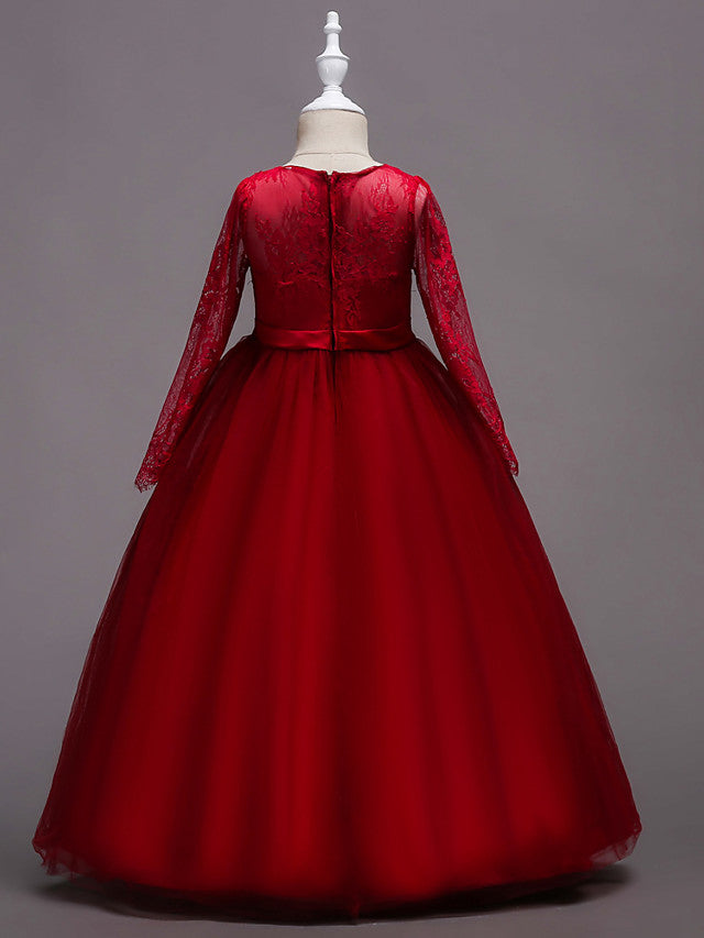 Long Sleeve Jewel Neck Lace Satin Tulle Flower Girl Dress with Lace Belt