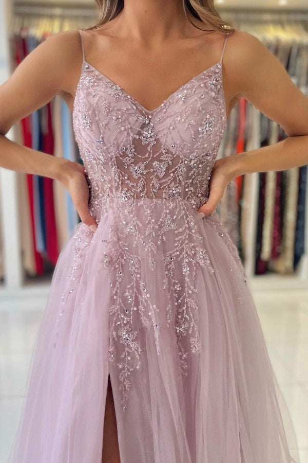 Glamorous Tulle Spaghetti Strap A-Line Evening Dress With Beadings