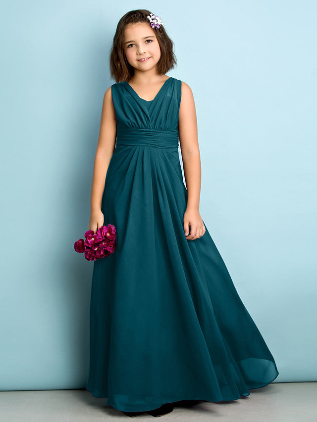 A-Line V Neck Chiffon Flower Girl Dress - Floor Length With Criss Cross Natural Mini Me