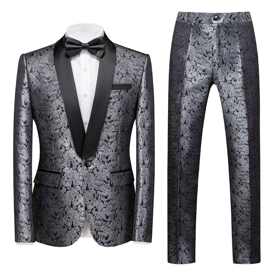 Unique Silver Jacquard Wedding Suit for Men with Shawl Lapel and One Button