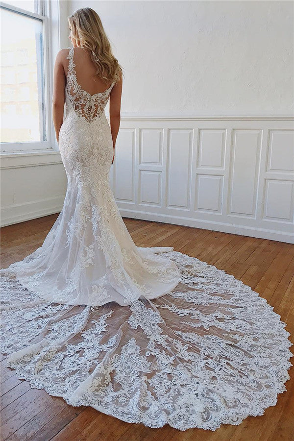 Alluring Straps Lace Crystal Mermaid Wedding Dresses With Appliques
