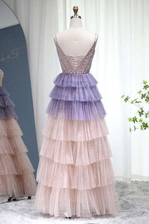 Stunning V Neck Evening Dress with Layered Hem & Sequins Beaded