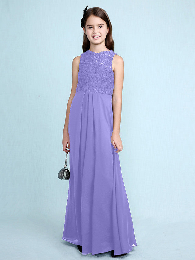 Sheath Column Scoop Neck Floor Length Chiffon & Lace Junior Bridesmaid Dress