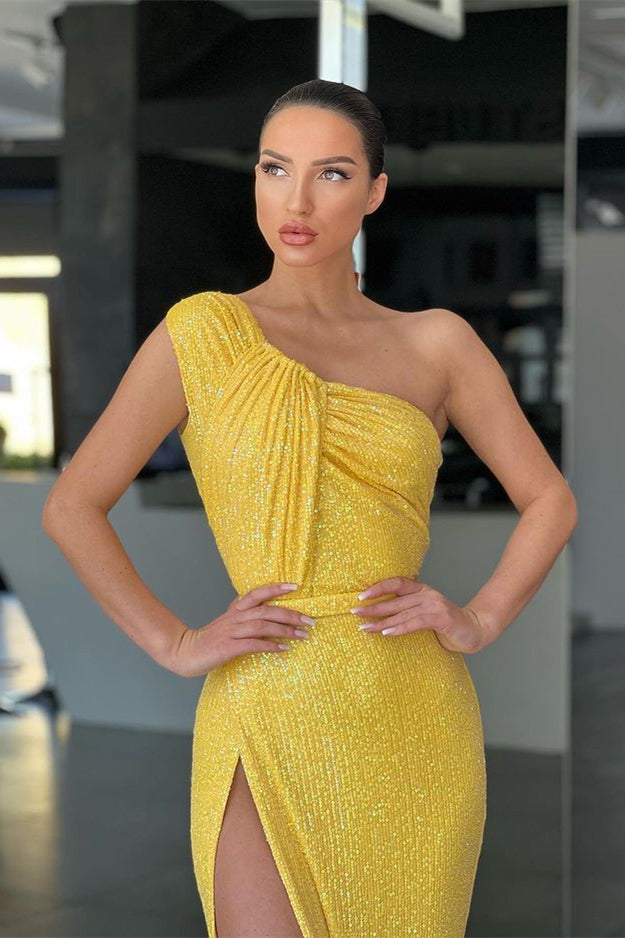 Yellow Mermaid Evening Dress With Sequins and Split