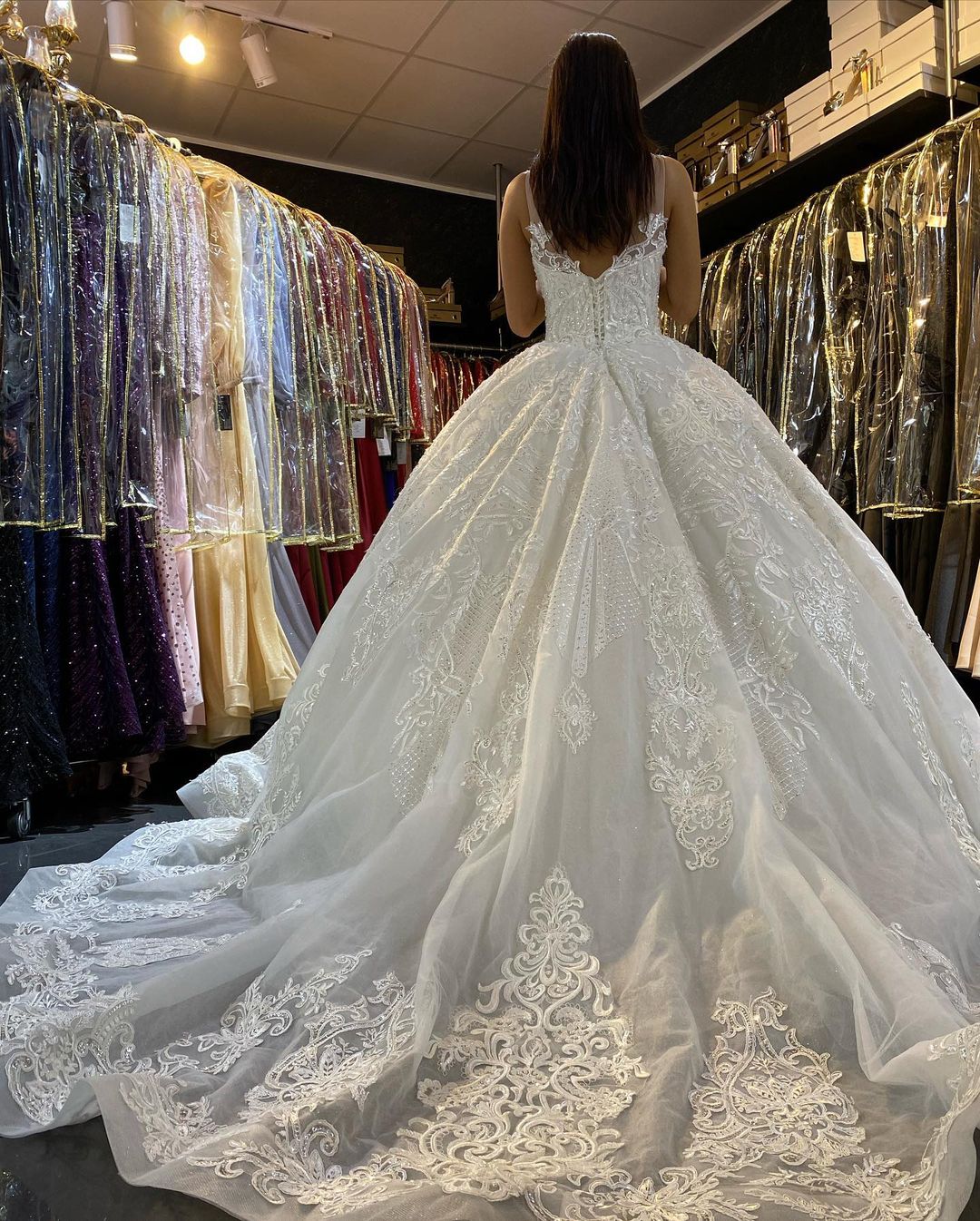 Gorgeous Lace V-neck Wedding Dress With Backless Floor-length Train Appliques