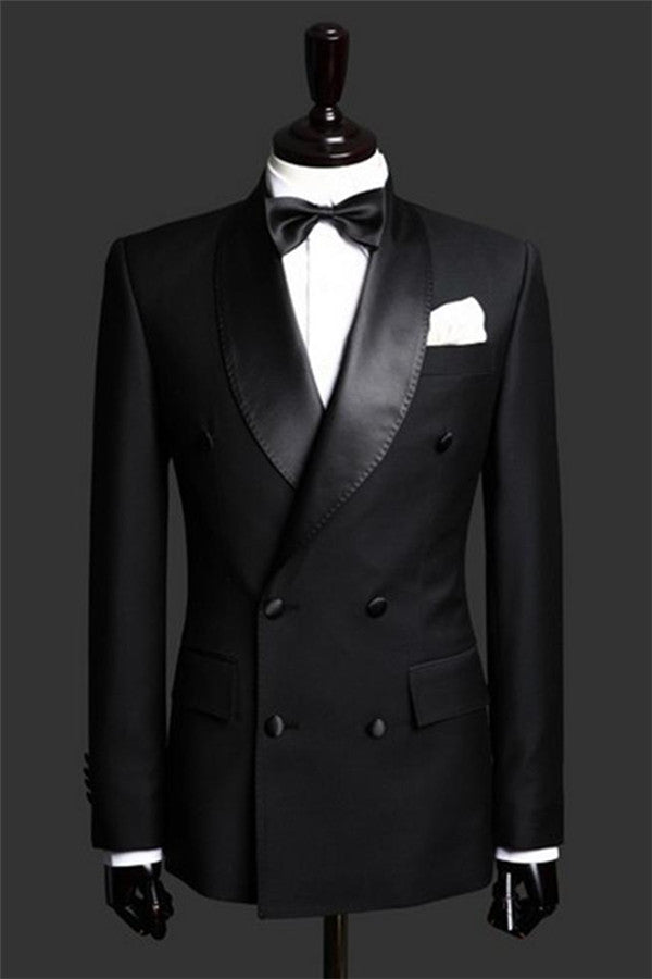 2 Piece Satin Lapel Fancy Black Double Breast Wedding Tailcoat Set