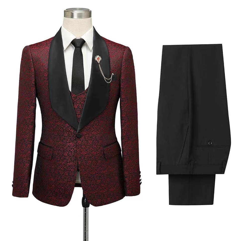 Unique Burgundy One Button Shawl Lapel Jacquard Wedding Tuxedo